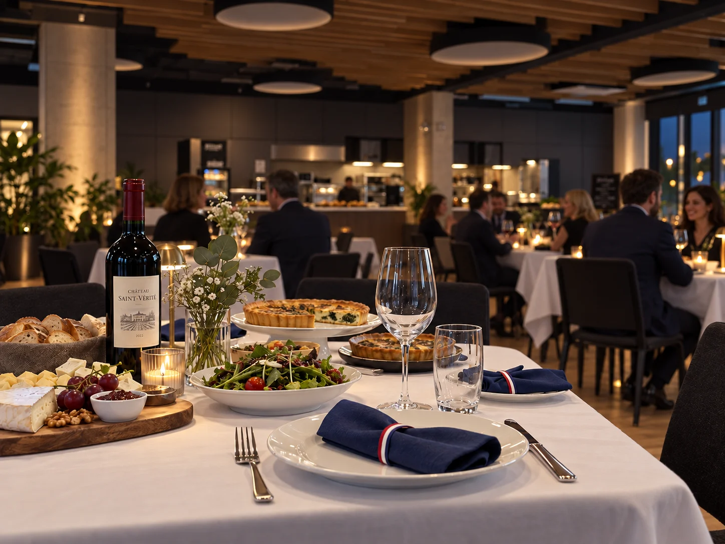 Przykładowa aranżacja wydarzenia Francuskie bistro w sali 5 Element, z gośćmi i stonowanymi dekoracjami.
